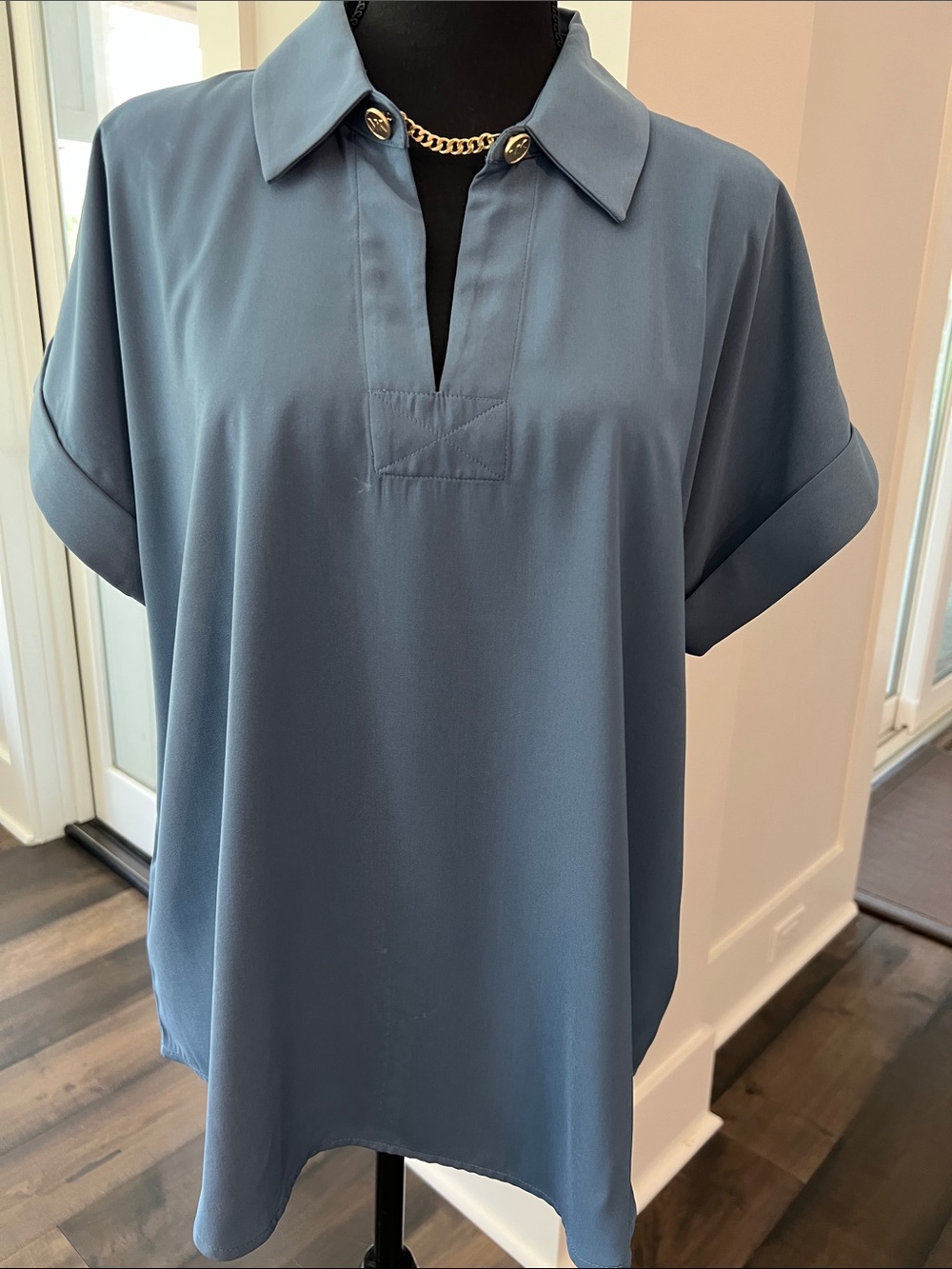Michael Kors Slate Blue Short-Sleeve Collared Tunic with Gold Accents